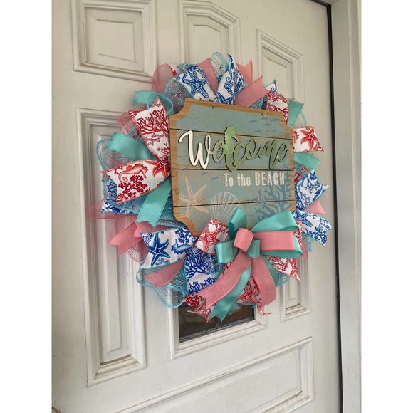 Welcome to the Beach Seahorse Deco Mesh Ribbon Wreath Door Hanger Home Decor - Picture 6 of 8